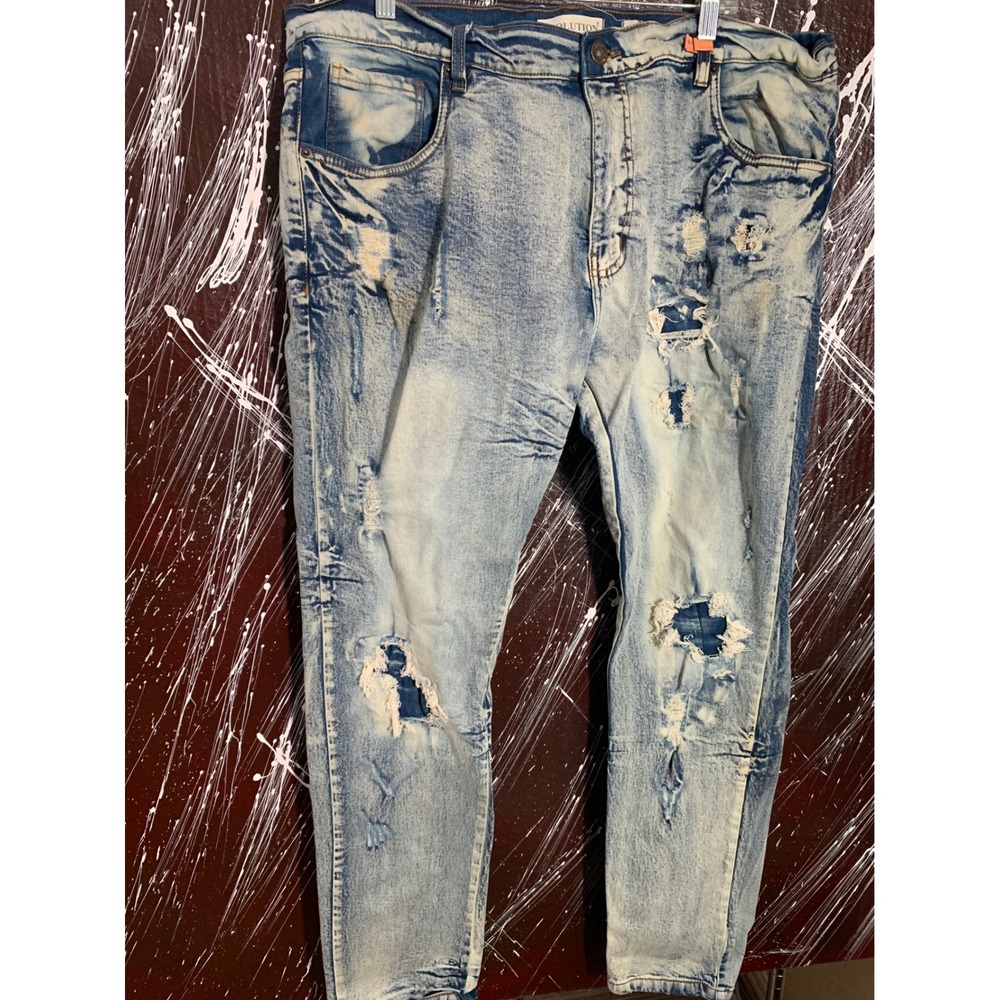 Evolution In Design Mens 44x32 Distressed Acid Wash Ripped Slim Taper Jeans Blue